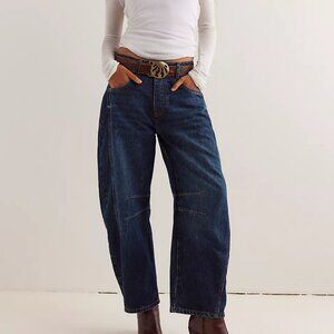 We The Free Good Luck Mid-Rise Barrel Jeans Color: Deep End
